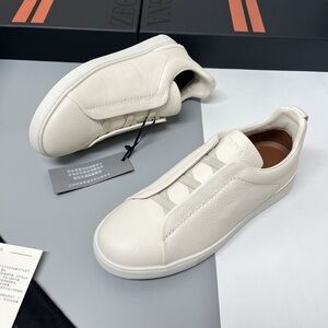 Zegna Men's Cream Leather Slip-On Sneakers